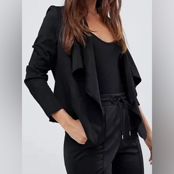 Zara Black Faux Suede Draped Waterfall Blazer Moto Jacket Open Front Size XS - Picture 14 of 14